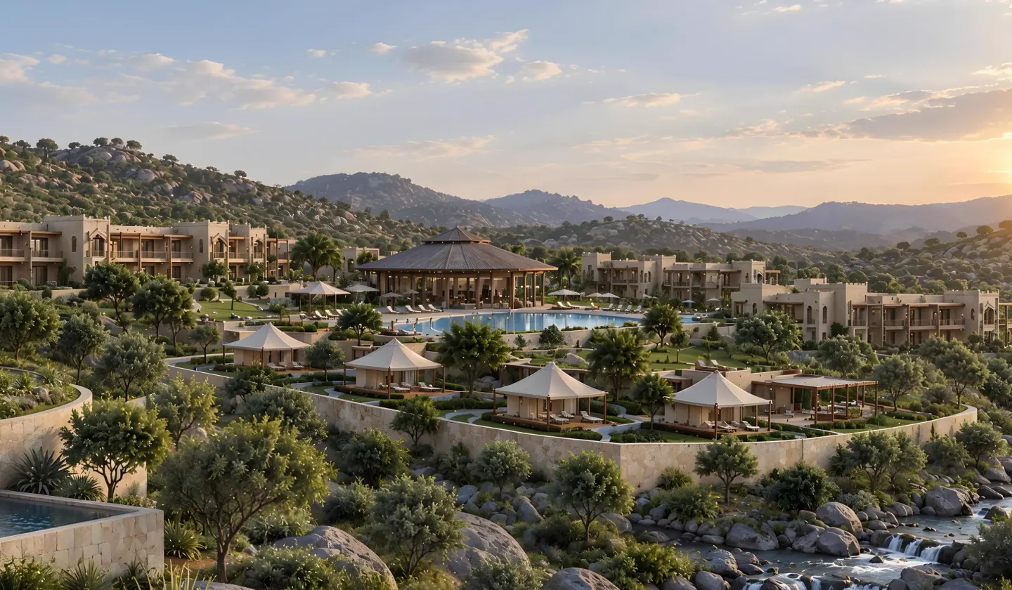 KAMAH Jawai — resort pavilion, pool terraces and tented suites among granite hills at sunrise (artist’s impression)